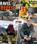 Collage showing usage of All In One 11 Piece Camping Cookware Set with Stove and Adapter for Backpacking Hiking and Picnics.