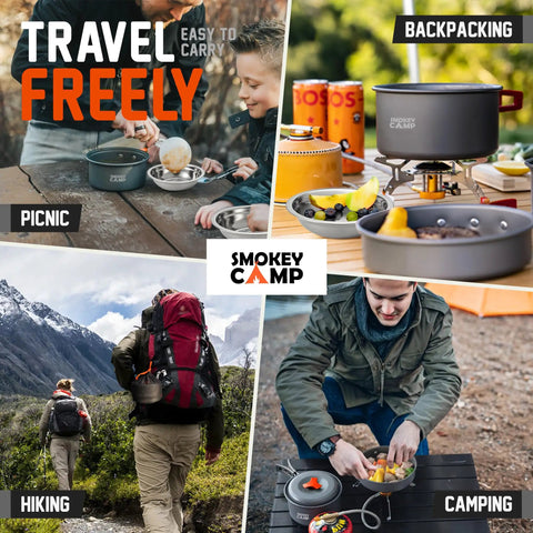 Collage showing usage of All In One 11 Piece Camping Cookware Set with Stove and Adapter for Backpacking Hiking and Picnics.