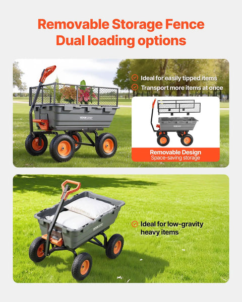 Heavy Duty 10 Cu Ft Poly Garden Cart Dump Wagon With Convertible Handle And 13 Inch Flat Free Tires, Tow Behind Yard Wagon For Lawn Mower And Tractor, 1200 Lbs Capacity, removable fence shown