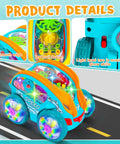 Close-up of a Transparent 360 Degree Light Up Music Stunt Car For Autism Sensory Play, colorful gears, glowing wheels on road
