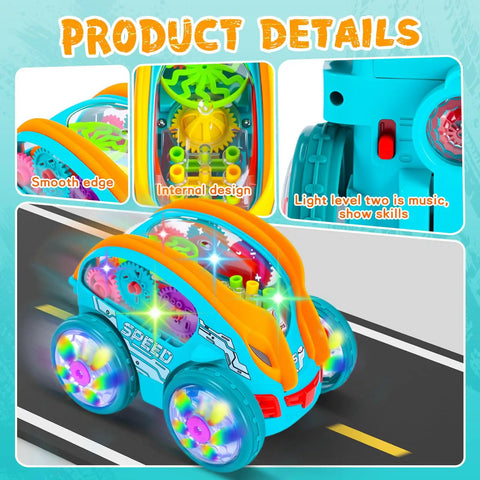 Close-up of a Transparent 360 Degree Light Up Music Stunt Car For Autism Sensory Play, colorful gears, glowing wheels on road