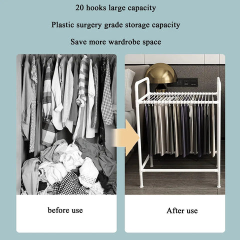Space Saving Trouser Rack With 15 Heavy Duty Pants Clips And Smooth Wheels before and after closet organization.