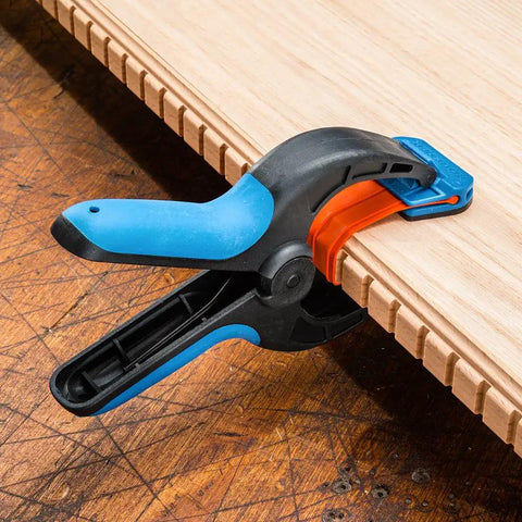 Medium Bandy Clamps Set For Woodworking With Easy Squeeze One Handed Operation on edge molding, nylon and fiberglass grips