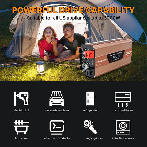 Dead Simple 3000 Watt Pure Sine Wave Inverter Converts 12V DC To 120V AC With Three Household Outlets, outdoor setting.
