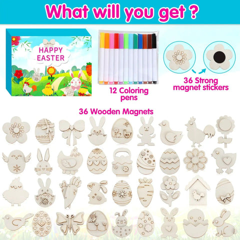 Kids Easter Craft Kit With 36 Wooden Magnets And 12 Colored Pens Totally Fun DIY Painting Set For Boys And Girls Ages 4 To 12 Includes Egg Bunny Chick Carrot Designs Perfect Party Favors Gifts And Keepsakes