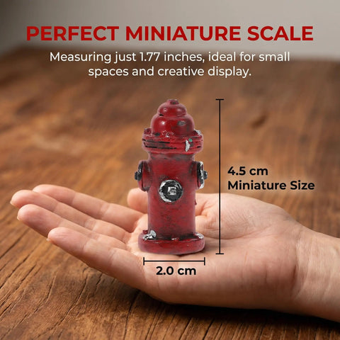 Hand holding 1.77 inch Mini Fire Hydrant Set With Dope Resin Fire Extinguisher Models for dollhouse decor and crafts.