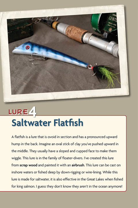 DIY Wooden Fishing Lure Crafting And Painting Guide Featuring 11 Proven Designs For Crankbaits Swimmers And Poppers So You Can Kick Tail On Finicky Fish Near Shore Or Deep, showing a saltwater flatfish lure crafted from scrap wood.