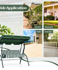 Three Person Porch Swing With Canopy And Removable Cushions, Heavy Duty Powder Coated Steel Frame, Outdoor Patio Swing For Porch Backyard Garden Balcony, Weather Resistant Cushions, Green with application examples of garden, backyard, patio, and balcony.