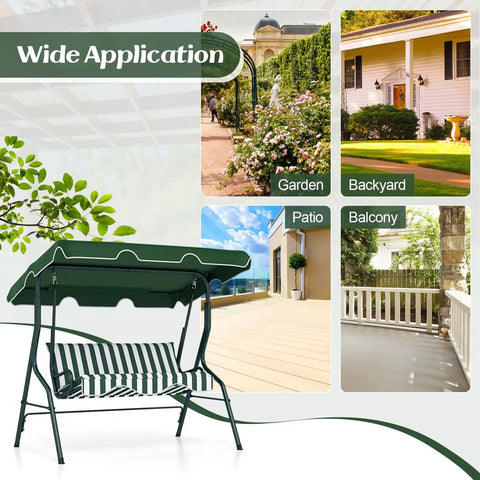 Three Person Porch Swing With Canopy And Removable Cushions, Heavy Duty Powder Coated Steel Frame, Outdoor Patio Swing For Porch Backyard Garden Balcony, Weather Resistant Cushions, Green with application examples of garden, backyard, patio, and balcony.