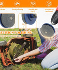 Drill Powered Lawn Mower Blade Sharpener Kit Pack Of 3 in use with electric drill, sharpening blades on a rotary tiller.