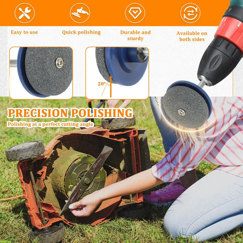 Drill Powered Lawn Mower Blade Sharpener Kit Pack Of 3 in use with electric drill, sharpening blades on a rotary tiller.