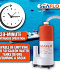 12V 4 GPM Submersible Water Transfer Pump, 30-min operation, capable of emptying two 50-gallon tanks, for boats/RVs
