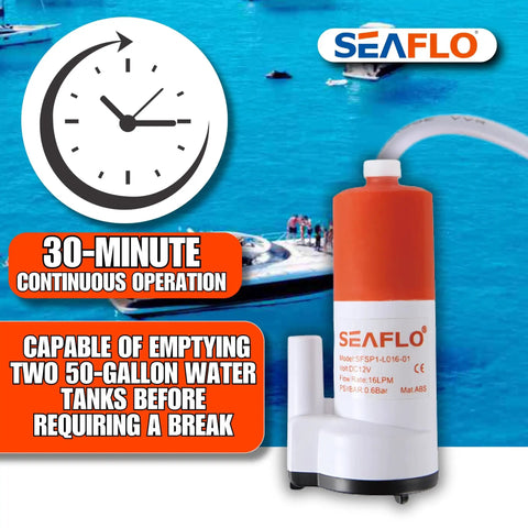 12V 4 GPM Submersible Water Transfer Pump, 30-min operation, capable of emptying two 50-gallon tanks, for boats/RVs
