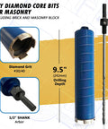 Two Inch Dry Diamond Core Drill Bits For Brick And Block With One Half Inch Shank Pilot Bit Adapter and 9.5 Inch Depth