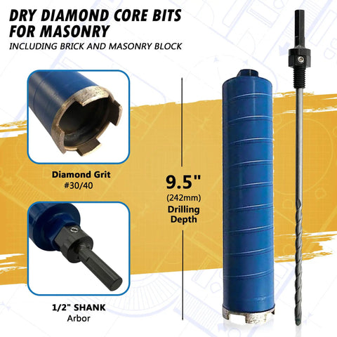 Two Inch Dry Diamond Core Drill Bits For Brick And Block With One Half Inch Shank Pilot Bit Adapter and 9.5 Inch Depth