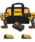 Compact 20V Max Drill And Impact Driver Duo With Powerstack Batteries For Tight Corners, featuring two tools, battery charger, and carrying bag.