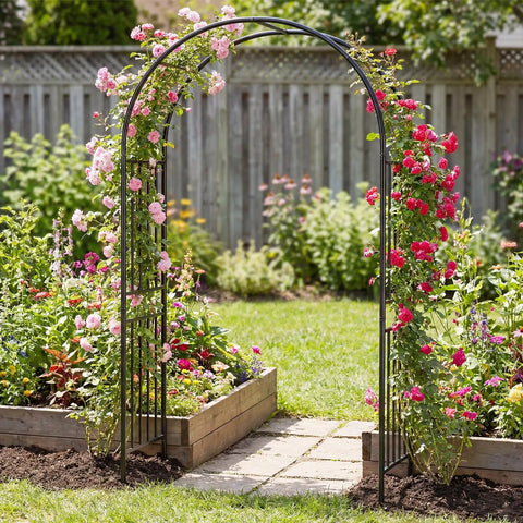 Heavy Duty 86 Inch Steel Garden Arch Pergola Arbor With Ground Stakes For Climbing Plants Ideal For Weddings Parties And Backyard Decor Weatherproof Powder Coated Frame For All Seasons in garden setting with blooming flowers.