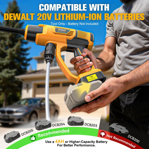 Man holding Workhorse Cleaning Tool For DeWalt 20V Battery System, Tool Only with 16.4 Ft Hose and six-in-one nozzle settings.