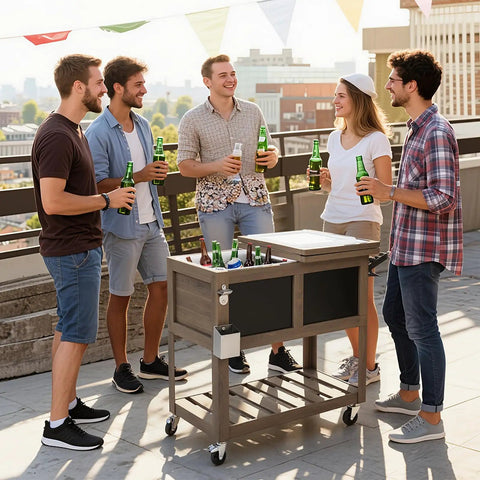 80 Qt Rolling Patio Cooler With Bottle Opener And Shelf For Backyard Hangouts And Gatherings, standing on a patio with group