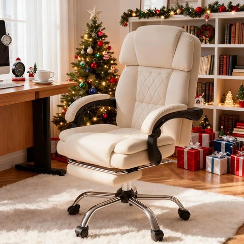 Six Point Massage Office Chair With Heat Ergonomic Reclining Desk Chair With Footrest PU Leather Executive Chair Off White in office