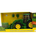 Big Farm 7330 Tractor With Front Bale Mover And Bale Realistic Lights And Sounds in packaging, 1:16 scale toy vehicle.