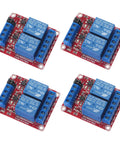 Four red Two Channel 5V Relay Module With Optocoupler Isolation And High Or Low Level Trigger, ideal for DIY projects