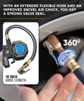 Digital Tire Pressure Gauge With Inflator 3-200 PSI showing brass swivel air chuck and 16-inch flexible hose in use