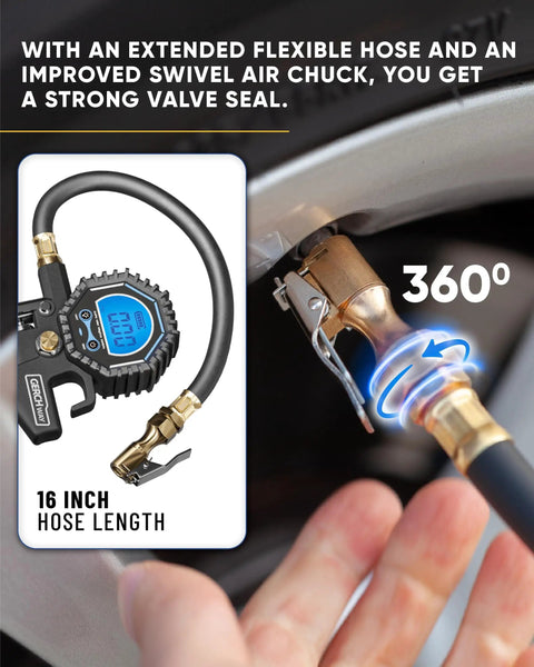 Digital Tire Pressure Gauge With Inflator 3-200 PSI showing brass swivel air chuck and 16-inch flexible hose in use