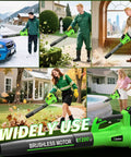 Various scenes of Cordless Leaf Blower With Brushless Motor, 1200W Power, 6 Speed Settings in use for garden and patio cleanup