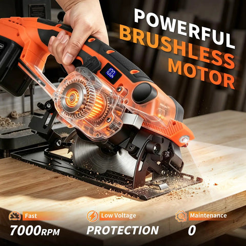 Heavy Duty Brushless Cordless Circular Saw Features 21 Volt 1500 Watt Motor Delivering 7000 Rpm for precise cuts on wood.