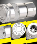 Skid-steer hydraulic coupler, 1/2 in NPT, Bobcat flat-face quick-connect, silver metal, includes 2 dust covers