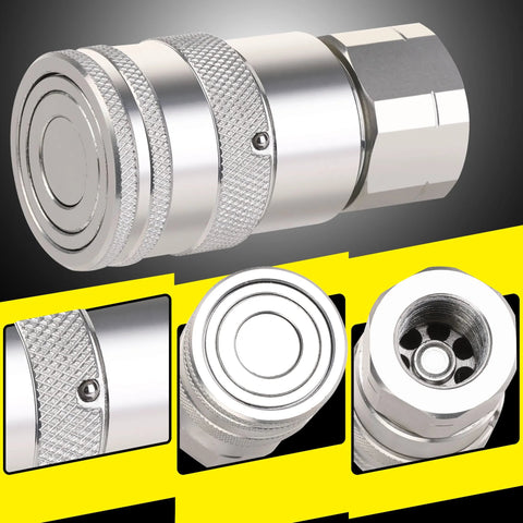 Skid-steer hydraulic coupler, 1/2 in NPT, Bobcat flat-face quick-connect, silver metal, includes 2 dust covers
