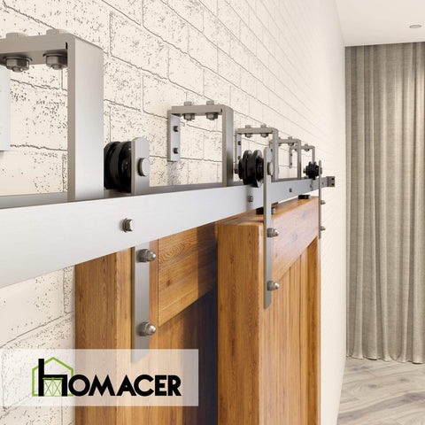 Brushed Nickel Double Track U Shape Bypass Sliding Barn Door Hardware Kit For Two Doors, 6.6ft Flat Track installed view