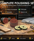 Huge 100 Pack Of 5 Inch Hook And Loop Sanding Discs With Eight Holes For Universal Random Orbital Sanders displayed on a workshop table.