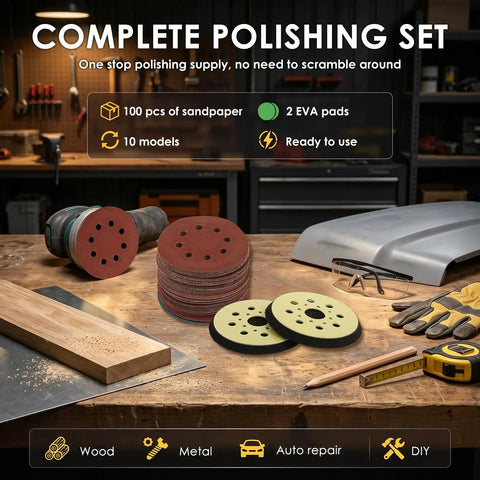 Huge 100 Pack Of 5 Inch Hook And Loop Sanding Discs With Eight Holes For Universal Random Orbital Sanders displayed on a workshop table.