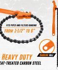 Heavy Duty Chain Wrench For Pipes And Oil Filters, 19 Inch Chain Design Fits One And A Half To Six Inch Pipes, 12 Inch Orange Handle