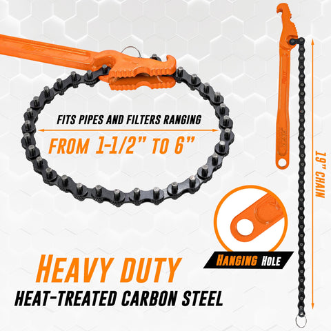 Heavy Duty Chain Wrench For Pipes And Oil Filters, 19 Inch Chain Design Fits One And A Half To Six Inch Pipes, 12 Inch Orange Handle