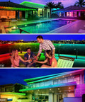 Colorful 100Ft Outdoor LED Strip Lights Waterproof IP68 With Bluetooth App Remote Control And Music Sync RGB Exterior at pool, rooftop, garden.
