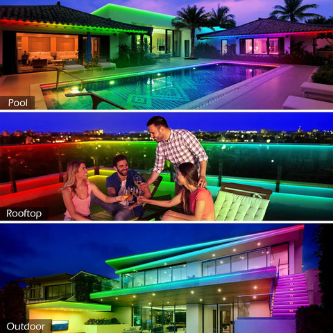 Colorful 100Ft Outdoor LED Strip Lights Waterproof IP68 With Bluetooth App Remote Control And Music Sync RGB Exterior at pool, rooftop, garden.