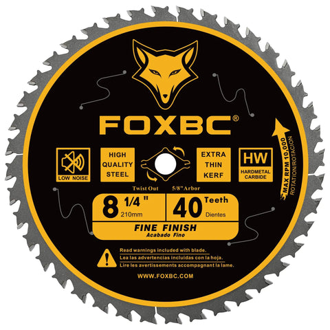 Front view of 8-1/4 inch table saw blade showing brand logo and markings. Ultra Thin Kerf 8-1/4 Inch Table Saw Blade With 60 Tooth ATB For Clean, Fast Wood Cuts, 0.079 Kerf, 5/8 Inch Arbor, Tungsten Carbide Build, Diamond Knockout For Smooth, Pro Grade Finish.
