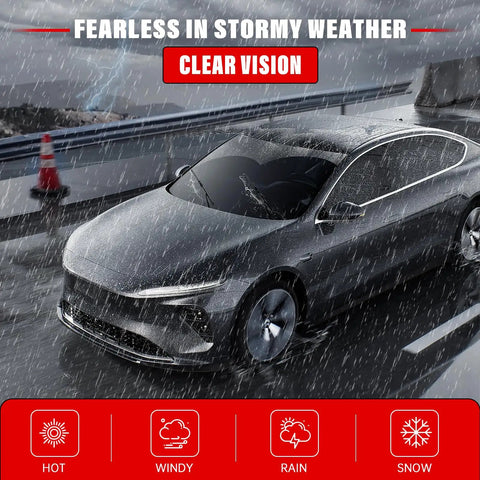 Car driving in stormy weather showcasing Atlas Windshield Wiper Blades Set 26 Inch Front Wiper 22 Inch Front Wiper and 12 Inch Rear Wiper