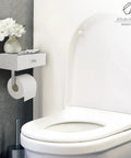 Toilet Paper Holder With Built In Shelf And Wipes Dispenser Must Have Hidden Wet Wipе Storage Stainless Steel Wall Mount Bathroom Organizer White And Silver Finish next to a toilet