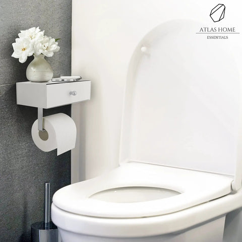 Toilet Paper Holder With Built In Shelf And Wipes Dispenser Must Have Hidden Wet Wipе Storage Stainless Steel Wall Mount Bathroom Organizer White And Silver Finish next to a toilet