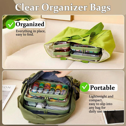Heavy Duty Clear Hard Shell Zipper Pouches Built Different Stackable Travel Organizers For Toiletries Makeup Gear And Daily Essentials Smart Durable Packing Cases in green tote bag.