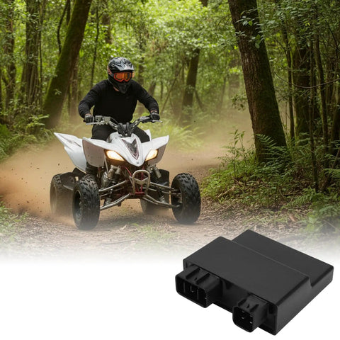 Pro Grade CDI Box Replacement For Yamaha YFZ 450 And Honda ATVs, shown with Yamaha ATV on forest trail
