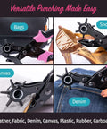 Leather Hole Punch Tool For Belts And Fabric Up To 5mm Thick, demonstrating use on bags, shoes, canvas, and denim