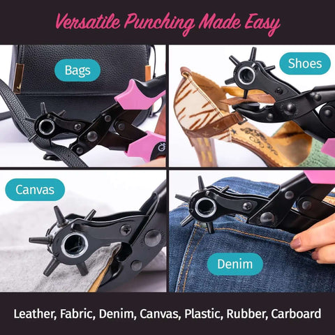 Leather Hole Punch Tool For Belts And Fabric Up To 5mm Thick, demonstrating use on bags, shoes, canvas, and denim