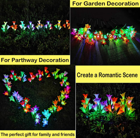 Solar Garden Stake Lights 8 Pack With 32 Lily Flowers Waterproof 7 Color Changing LED Landscape Lights on grass