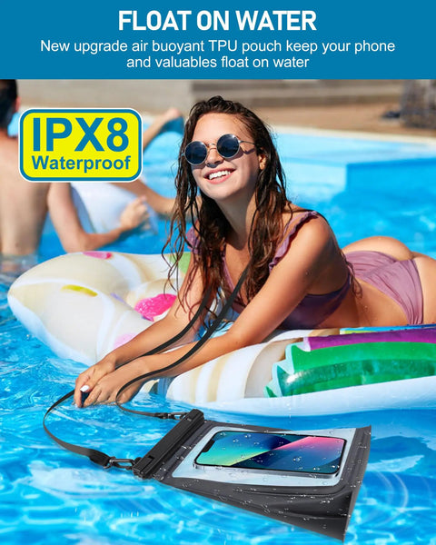 Beefy Capacity Floating Waterproof Phone Pouch For iPhone 17 16 13 12 11 Pro Max And Galaxy S22 S21 in pool with woman on float