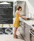 Woman using Stainless Steel Outdoor Kitchen Sink With Faucet Kit Hose Hookups Single Bowl Storage Brakes On Wheels